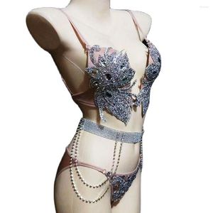 Scen Wear Sparkling Rhinestones Silver Chain Belt Women Bikini Set Bra Shorts Three-Piece Suit Pole Dancing Costumes Nightclub