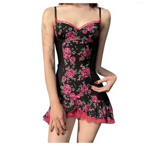 Abiti casual Flower Summer Women Halter Girl Rose Print Pizzo Patchwork Sling Abito sexy Donna 2023