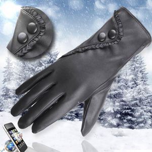 5本の指の手袋サーガスファッションレディ冬ソフトPUレザーウォームミトンブラックタッチスクリーンとベルベットボタンGUANTES A309241