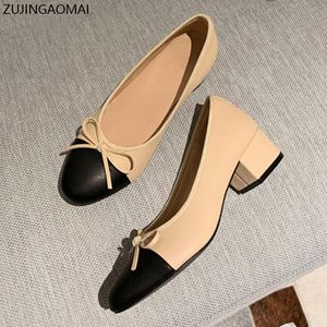 2022 new fashion Bow Ballet High Heels Shoes Woman Basic Pumps 2022 Fashion Two Tone Stitching Round Bow Work Shoe Fashion Party Women Shoes Pump