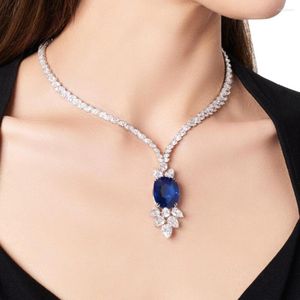 Kedjor Fashion Blue Crystal Pendant Choker Tennis Chain Zircon For Women Luxury Wedding Beidal Collar Clavicle Necklace Jewelry