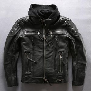 Fabbrica di pelle da uomo 2023 Giacca da moto genuina nera da uomo Fshion Liner con cappuccio Giacche di pelle bovina spessa Cappotti invernali Faux