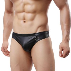 Mutande Slip da uomo Bikini Sexy U Convesso Intimo gay PU Pelle Intimo a vita bassa Slip intimo maschile nero