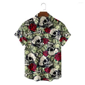 Mäns avslappnade skjortor 2023 Summer Men's Vintage Hawaiian Skull Flower Shirt Print 3D Cardigan Beach Fashion Polo