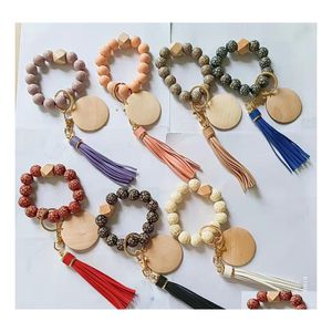 Party Favor Fedex Personalized Pu Leather Tassel Pendant Carved Wood Bead Elastic Rope Bracelet Key Chain Wholesale Mticolor Options Dhzsn