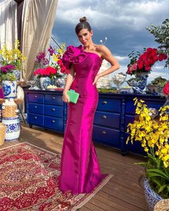 Fushcia saten deniz kızı uzun gece elbise el yapımı çiçekler omuz modern dubai kadın parti resmi balo elbiseleri