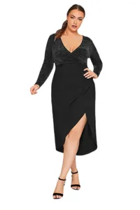 Vestidos de tamanho plus size manga longa vestido chique de outono solto fit em v coxa de galha midi feminino grande festa 4xl