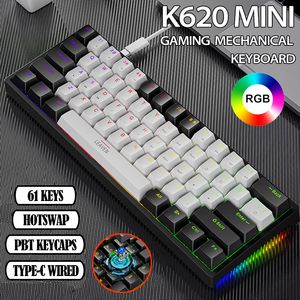 Klavyeler K620 Mini Oyun Mekanik 61 Anahtarlar RGB Takas Tip C Kablolu PBT KEYLÜPAPLAR 60 ERGonomi 230113