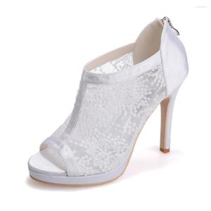 Dress Shoes Woman See Through Lace Open Toe Summer Boots Satin Red Black White Ivory Lady Wedding Party Cocktail Fashion