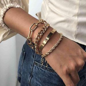 Armreif, 4-teilig, kubanische Kette, Armband-Set für Damen, Bohemian-Stil, dicker Gold-Charm, Modeschmuck