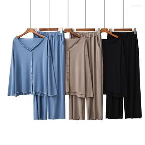 Женская одежда для сна 2023 Осенние дамы пижамы набор комфорта твердый цвет Женщины Сексуальные V-образные домашние одежды 2pcs с длинными рукавами брюки повседневная одежда