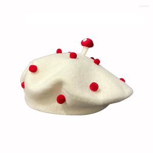 Berets Female Wool Mushroom Handmade Bud Hat Sweet Cute Cartoon Artist Autumn Winter Red French Beret Caps