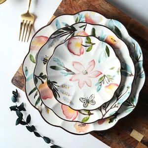 Pratos nórdicos pintados à mão em forma de cerâmica pastoral em forma de flor de pratos de jantar pratos de jantar de microondas