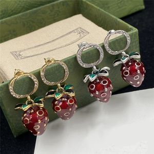 Vintage Strawberry Pendant Earrings Charm Diamond Eardrops Interlocking Letters Studs Personality Crystal Ear Hoops