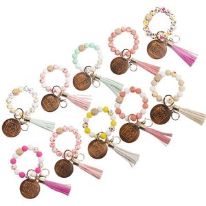 Wholesale Silicone Beaded Bracelet pendant Keychain Wristlet Key Ring Bangle Chains for Mother Day with Leather Tassel sublimation ornament 001