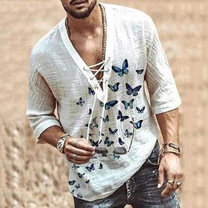 Men's T Shirts Soft Linen Fashion Men V-neck Butterfly Print Oversized Streetwear Style Casual Breathable Tops 2023 Man T-shirts