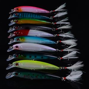 Yem cazibesi 10pcs balıkçılık cazibesi minnow wobblers kalemleri tüy kancaları ile sert bir