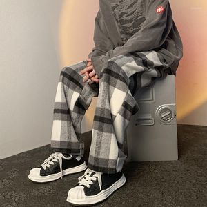 Herrbyxor houzhou vintage rutiga män koreanska kontrollerade byxor manliga hösten vinter streetwear mode bottnar lös casual harajuku