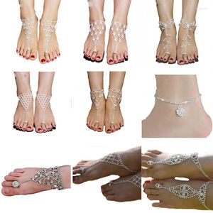 Anklets AE-CANFLY Shiny Rhinestone Anklet Chain Long Crystal Barefoot Sandals Gridding Bridal Bracelet Beach Foot Jewelry 1PC