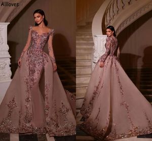 Pink Luxurious Sequined Lace Beaded Evening Pageant Dresses With Detachable Train Sheer Neck Long Sleeves Dubai Arabic Pakistan Mermaid Prom Party Gowns CL1689