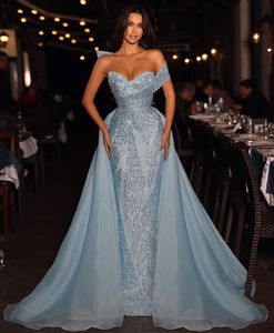 Mermaid Evening Blue Sleeveless V Neck Beaded D Lace Appliques Sequins Floor Length Celebrity Detachable Train Formal Prom Dresses Gowns Party Dress