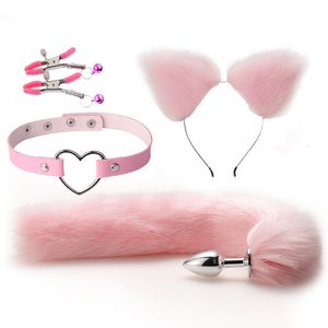 Anal Toys Cute Tail Plug Cat Ears Pannband Set vuxna spel Nippel Clip Neck Collar Erotic Cosplay Sex for Women 230113