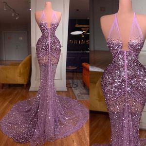 Elegant Purple Mermaid Prom Dresses See Through Sexy Halter Beads Sequins Formal Evening Occasion Gowns For Women Plus Size
