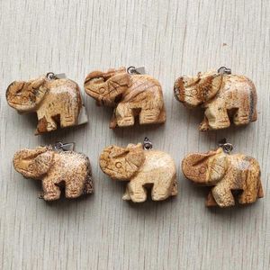 Pendant Necklaces Natural Picture Stone Carved Elephant Charms Pendants For Diy Jewelry Accessories Making Wholesale 6pcs/lot