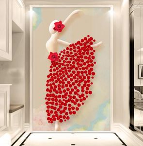 Bakgrundsbilder modern 3D PO Bakgrundsmålor Anpassade röd ros Ballet Dance Girl Wall Paper för vardagsrum Dörrens ingång Hall Heminredning