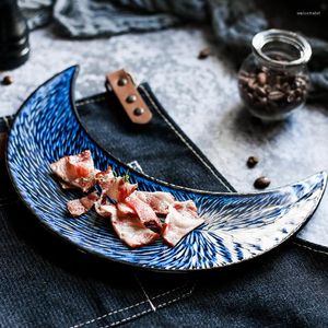Plates Japanese Blue Ceramic Crescent Sushi Dish Commercial Tableware Modern Household Kiln Variable Western Dessert Plate
