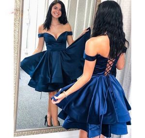 Sexig korta kungblå hemkommande klänningar från axelkläderna Ruffles Corset Back Party Dress Graduation Formell svansklänningar Bollklänning 403