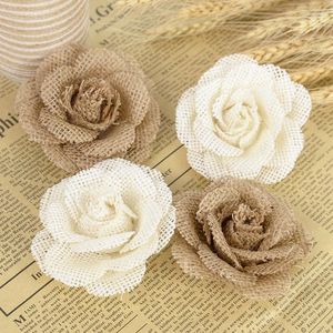 Dekorativa blommor 3/5st 8cm handgjorda jute hessian burlap rose vintage rustik bröllop dekor konstgjord blomma julfest diy leveranser