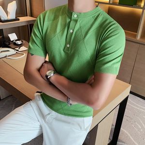 Men's T Shirts Summer Buttons Knitted Shirt Mens Tshirt Retro Fashion Round Neck Short Sleeve Casual Men Slim British Style Top Tees