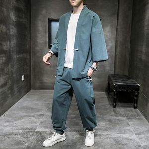 Men's Tracksuits Chinese Style Men Linen Sets Streetwear Vintage Long Sleeve Outerwear Tops Wide Leg Pants Solid Color Suits M-5XL