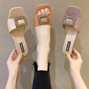 Slippers 2023 Summer Shoes Women Medium Heels Dress Square Metal Slipper Ladies Slides Female Zapatos Mujer 8146C