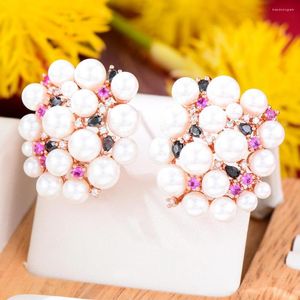 Bolzenohrringe Godki Sommertägliches Blumenhaufen Perle für Frauen Kubikzirkonia Crystal CZ Statement Ohrring Brincoos Bijoux