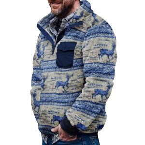Men's Hoodies & Sweatshirts Winter Fleece Pullover Sweatshirt Jackets Button Collar Warm Sweater Coat Printed