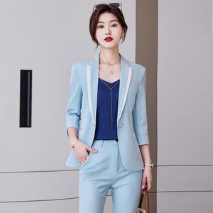 Pantaloni a due pezzi da donna Moda Blazer blu cielo Abiti da lavoro da donna 2 Pantaloni e top Set Giacche da donna da ufficio Uniforme da lavoro Stili OLDonna