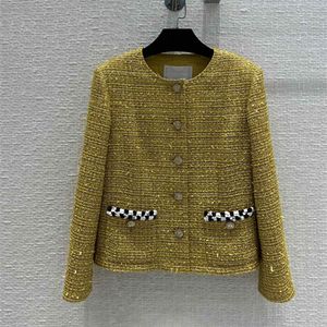 Wool Blends 유럽과 미국 여성 2022 겨울 신작 긴팔 노란색 싱글 브레스트 패션 트위드 코트