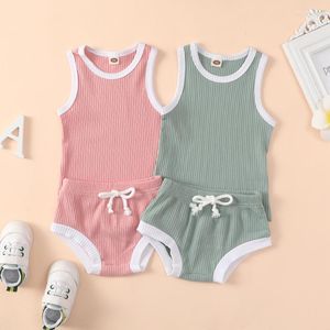 Completi di abbigliamento Set di vestiti estivi per neonate per ragazzi Set di canottiere senza maniche con cuciture in maglia a costine in cotone Pantaloncini casual elastici per bambini