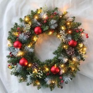 装飾的な花20cm LEDクリスマスリース人工松ぼっくりレッドベリーガーランドハンギング装飾