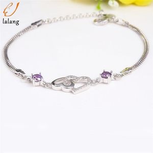 Link Bracelets Chain Women Luxurious Silver Plated Double Heart Natural White Purple Crystal Gift Jewelry