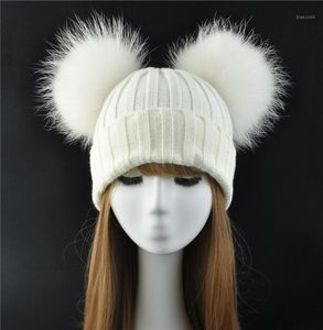 Gorro Feanie/crânio Caps de inverno chapéu de bola de pele real para mulheres senhoras fofas duplas raccoon pom skullies com 2 pompom1