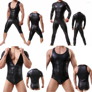 Undershirts Sexy Men Undershirt PU Leather Bodysuit Wet Look One-piece Jumpsuits Zipper Leotard Wrestling Singlet Rompers Clubwear Underwear