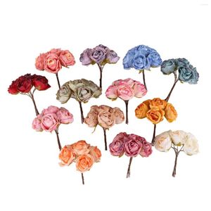 Flores decorativas 6pcs mini rosa rosa artificial de alta qualidade seda peony buquê decoração de casamento diy grinald scrapbook artesan