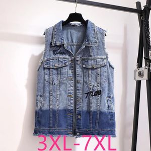 Outerwear Spring Autumn Plus Size Women Clothing Jeanswear Large Loose Sleeveless Cotton Pocket Blue Denim Vest Coat 4XL 5XL 6XL 7XL