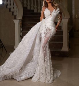 Exquisite Mermaid Wedding Dresses Sleeveless V Neck 3D Lace Beaded Pearls Sequins Appliques Formal Dresses Feather Bridal Gowns Plus Size Vestido de novia Custom