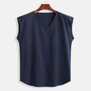 Men's T-skjortor Summer Tank Shirt Toppar Baggy Cotton Linen Solid Pocket Sleeveless O-Neck Loose Mens Vest T-shirt Camisetas