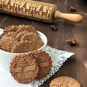 Baking Tools & Pastry Wooden Christmas Embossing Rolling Pin Cookies Biscuit Fondant Cake Dough Engraved Roller Reindeer Snowflake Elk