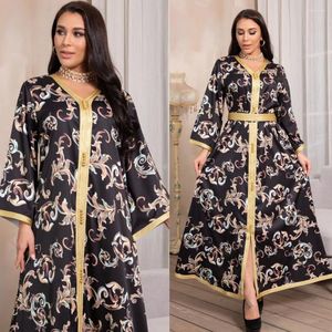 Abbigliamento etnico Donna Manica lunga Musulmano Abaya Abito lungo stampa nera Sexy scollo a V Dubai Kaftan Robe Eid Mubarak Islamic